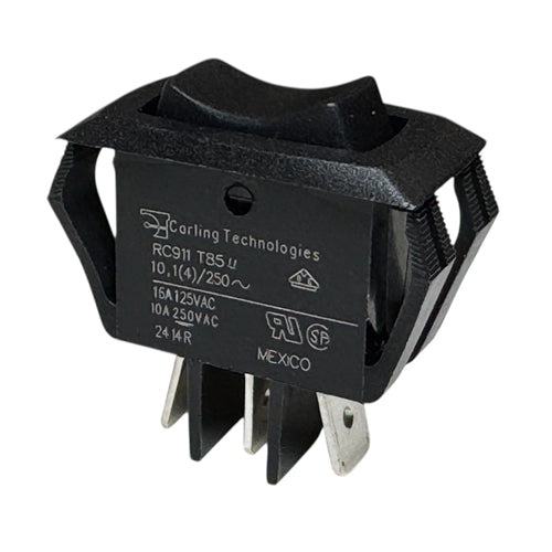 Carling RC911-RB-B-0-N Rocker Switch SPDT On-Off-On, 16A@125VAC / 10A@250VAC, Black, QC Terminals