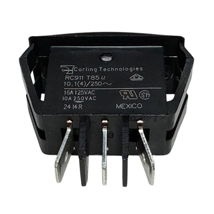 Carling RC911-RB-B-0-N Rocker Switch SPDT On-Off-On, 16A@125VAC / 10A@250VAC, Black, QC Terminals