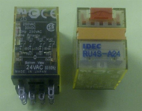 IDEC RU4S-A24 Relay 24VAC 4PDT 14 Pin, 6A@250VAC/30VDC 1/10hp@250vac, with LED and Test Button, CSA