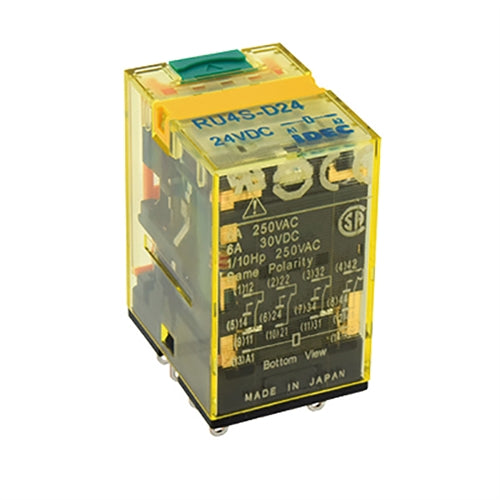 IDEC RU4S-D110 Relay 110VDC 4PDT 14 Pin, 6A@250VAC/30VDC 1/10hp@250vac, with LED and Test Button, CSA