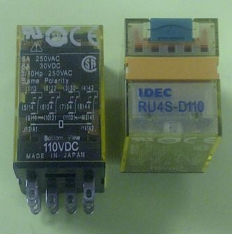 IDEC RU4S-D110 Relay 110VDC 4PDT 14 Pin, 6A@250VAC/30VDC 1/10hp@250vac, with LED and Test Button, CSA