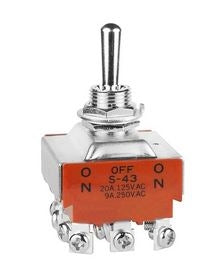 Nkk S43T Industrial Grade Toggle Switch, 4PDT On-Off-On, 20A@125VAC / 9A@250VAC, Screw Terminals
