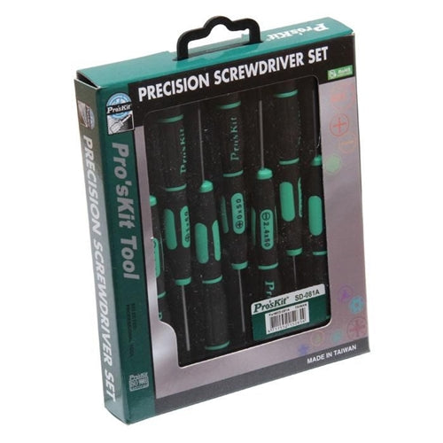 Proskit SD-081A 7-Piece Precision Electronics Screwdriver Set, 3 Phillips, 4 Slotted w/Rotational Cap Antislip Grip