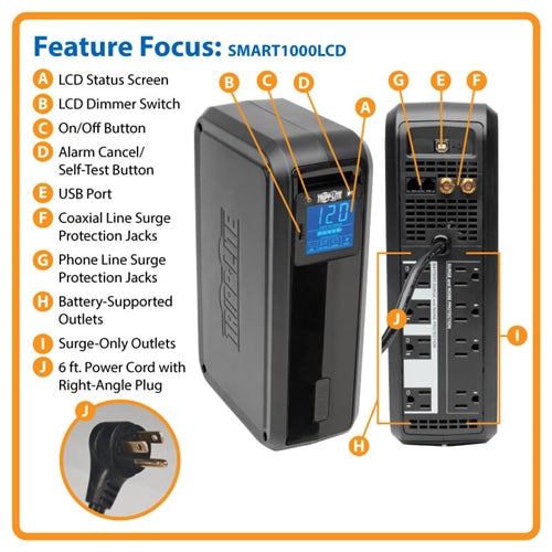 Tripplite SMART1000LCD UPS 1000VA 500W 8 Outlets Tel/DSL, Rack Mount Ears Not Included or Compatible with This Model