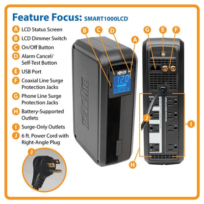 Tripplite SMART1000LCD UPS 1000VA 500W 8 Outlets Tel/DSL, Rack Mount Ears Not Included or Compatible with This Model
