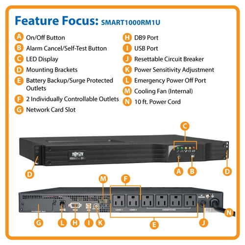 Tripplite SMART1000RM1U Line-Interactive Sine Wave 1U UPS 120V 1KVA 800W, USB, DB9, 6 Outlets