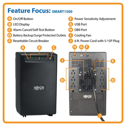 Tripplite SMART1500 Smartpro Line-Interactive Tower UPS 120V 1.5KVA 980W, USB, DB9, 6 Outlets