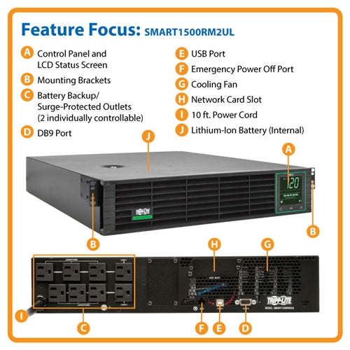 Tripplite SMART1500RM2UL Line-Interactive Sine Wave 2U UPS Lithium Battery Backup, 120V 1500VA/1440W