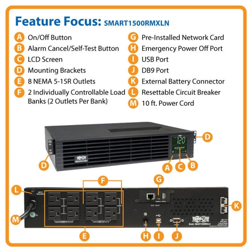 Tripplite SMART1500RMXLN Line-Interactive Sine Wave 2U UPS 120V 1.5KVA 1.35KW, Ext Run, w/Lcd