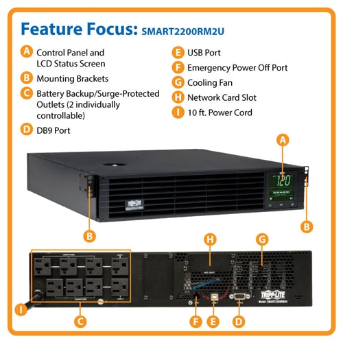 Tripplite SMART2200RM2U Line-Interactive Sine Wave UPS 2U 120V 2.2KVA 1.92KW, LCD Display, USB, DB9