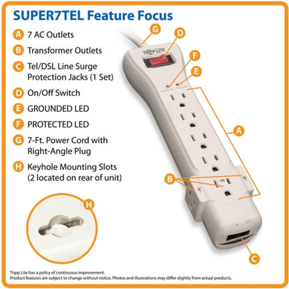 Tripplite SUPER7TEL 7 Outlet Surge Protector 7' Cord, 2520 Joules Rating, Fax/Modem Protection, RJ11