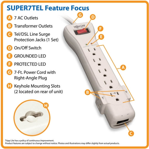 Tripplite SUPER7TEL 7 Outlet Surge Protector 7' Cord, 2520 Joules Rating, Fax/Modem Protection, RJ11