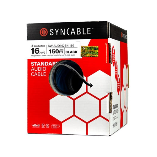 Syncable SW-AUD162BK Speaker Wire 16AWG 2 Conductor Stranded Oxygen Free BC, Black PVC, c(UL) CMG/FT4 (150M = Full Box)