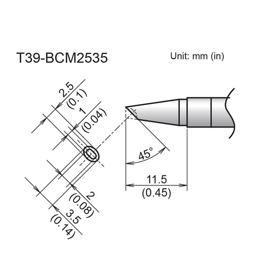 Hakko T39-BCM2535 Bevel Tip with Indent, 2.5mm/45 Degrees x 11.5mm, for the FX-971 Soldering Station