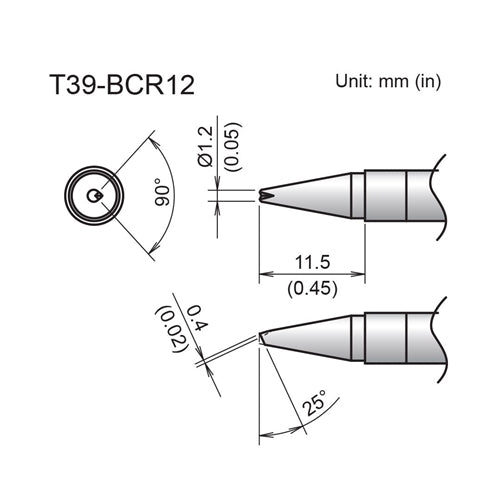 Hakko T39-BCR12 Bevel V-Groove Tip 1.2mm\25 Degrees x 11.5mm, for the FX-971 Soldering Station