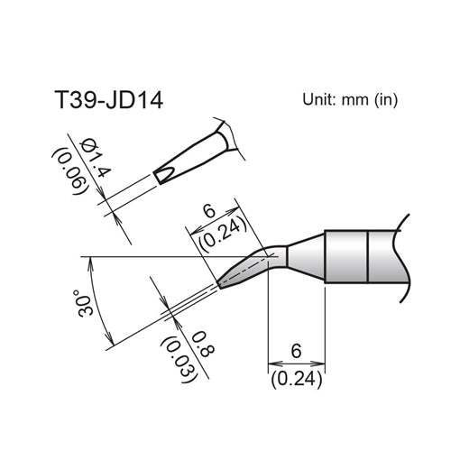 Hakko T39-JD14 Bent Chisel Tip 1.4mm/30 Degrees x 6 x 6mm, for the FX-971 Soldering Station