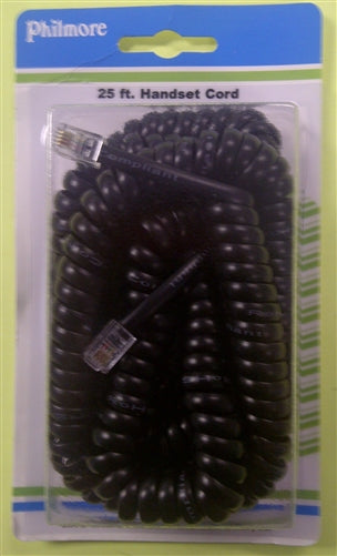 Philmore TEC25BL Retractile Handset Extension Cord, 4 Conductor Coiled, Plug to Plug (4P4C), Black, 25' Extended