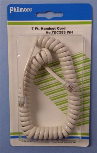 Philmore TEC25SWH Retractile Handset Extension Cord, 4 Conductor Coiled, Plug to Plug (4P4C), White, 7' Extended