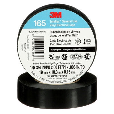 3M TEMFLEX Black General Purpose Vinyl Electrical Tape, 18.3 Meter Roll **CSA Rated**