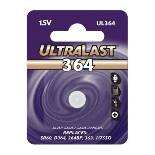 Ultralast UL364 1.5V Silver Oxide Watch Battery (SR60, SR621SW, V364, KS364, RW320, 354-1W, 280-34, SB-AG Equivalent)
