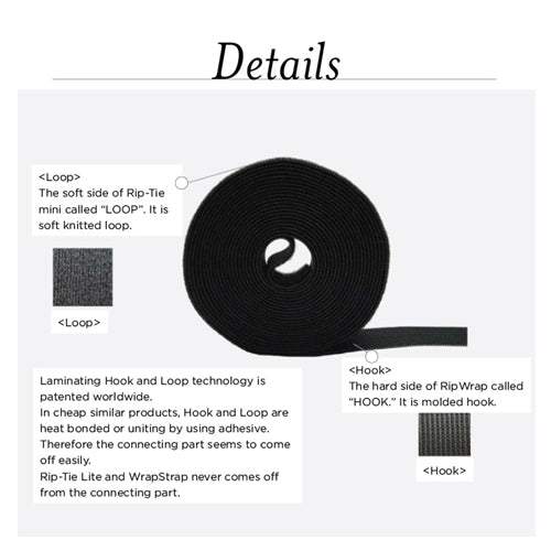 Rip-Tie W-75-1RL-BK 1/2" x 75 Feet Wrapstrap Double Sided Hook & Loop Fastener, Black