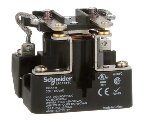 Schneider 199AX-9 Relay 120VAC 40A DPST Normally Open, Open Frame Style