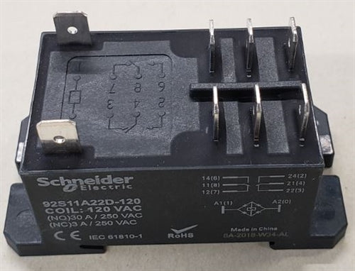 Schneider 92S11A22D-120 Power Relay 120VAC DPDT, 30A-NORMALLY Open / 3A-NORMALLY Closed, Flange Mount Style, UL CSA