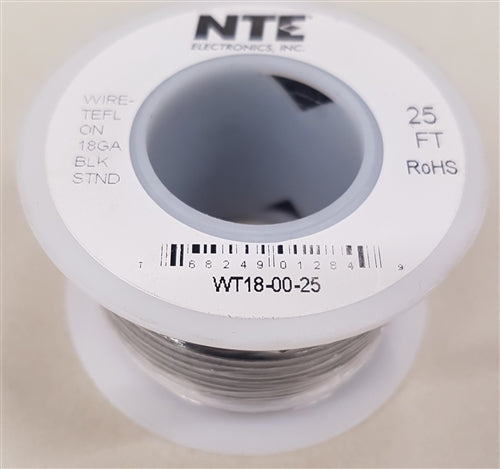 NTE 18AWG Black Teflon Hookup Wire (25 Feet) WT18-00-25 200C/600V Silver Plated Copper/SPC