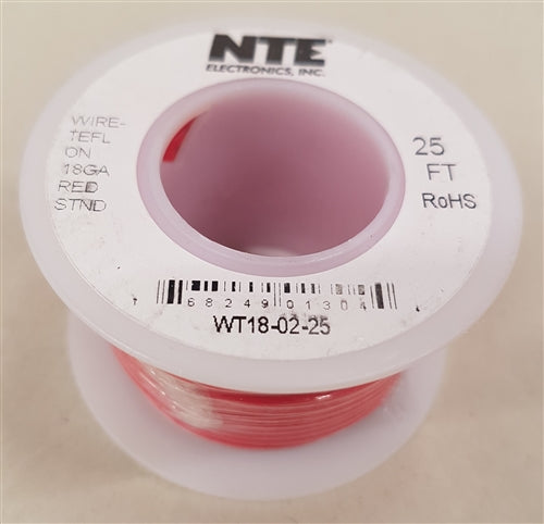 NTE 18AWG Red Teflon Hookup Wire (25 Feet) WT18-02-25 200C/600V Silver Plated Copper/SPC