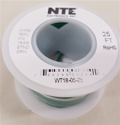 NTE 18AWG Green Teflon Hookup Wire (25 Feet) WT18-05-25 200C/600V Silver Plated Copper/SPC