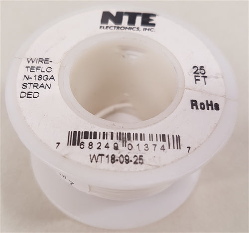 NTE 18AWG White Teflon Hookup Wire (25 Feet) WT18-09-25 200C/600V Silver Plated Copper/SPC