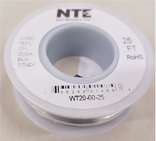 NTE 20AWG Black Teflon Hookup Wire (25 Feet) WT20-00-25 200C/600V Silver Plated Copper/SPC