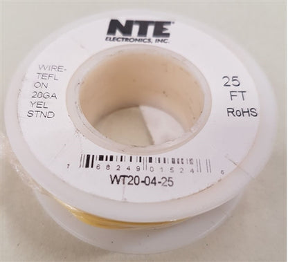NTE 20AWG Yellow Teflon Hookup Wire (25 Feet) WT20-04-25 200C/600V Silver Plated Copper/SPC