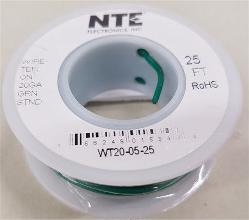 NTE 20AWG Green Teflon Hookup Wire (25 Feet) WT20-05-25 200C/600V Silver Plated Copper/SPC