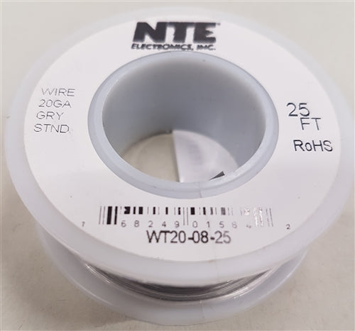 NTE 20AWG Gray Teflon Hookup Wire (25 Feet) WT20-08-25 200C/600V Silver Plated Copper/SPC