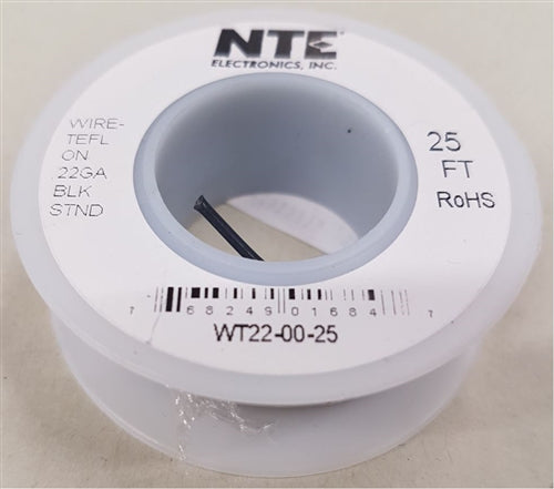 NTE 22AWG Black Teflon Hookup Wire (25 Feet) WT22-00-25 200C/600V Silver Plated Copper/SPC