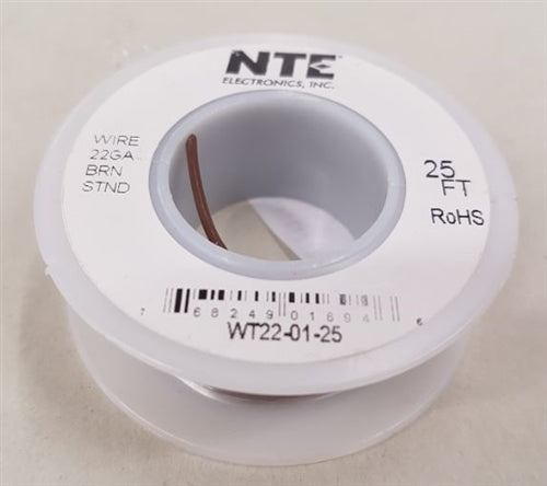 NTE 22AWG Brown Teflon Hookup Wire (25 Feet) WT22-01-25 200C/600V Silver Plated Copper/SPC
