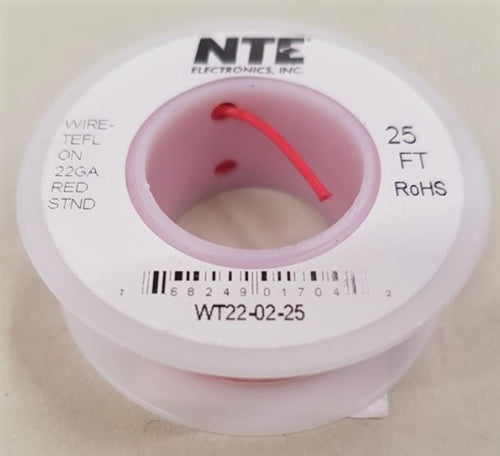 NTE 22AWG Red Teflon Hookup Wire (25 Feet) WT22-02-25 200C/600V Silver Plated Copper/SPC