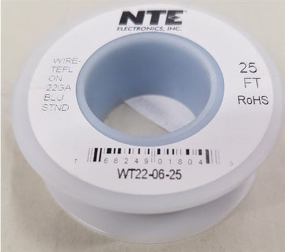 NTE 22AWG Blue Teflon Hookup Wire (25 Feet) WT22-06-25 200C/600V Silver Plated Copper/SPC