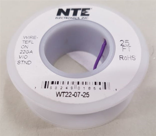 NTE 22AWG Violet Teflon Hookup Wire (25 Feet) WT22-07-25 200C/600V Silver Plated Copper/SPC