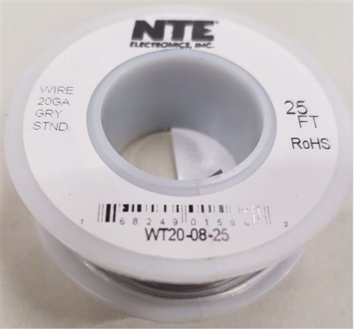 NTE 22AWG Gray Teflon Hookup Wire (25 Feet) WT22-08-25 200C/600V Silver Plated Copper/SPC