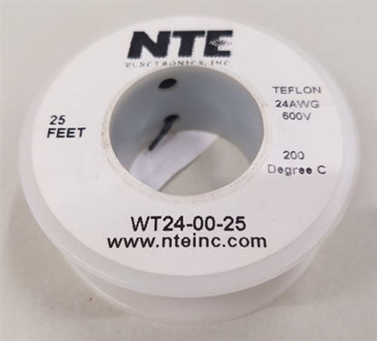 NTE 24AWG Black Teflon Hookup Wire (25 Feet) WT24-00-25 200C/600V Silver Plated Copper/SPC