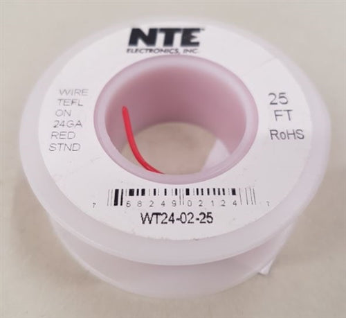 NTE 24AWG Red Teflon Hookup Wire (25 Feet) WT24-02-25 200C/600V Silver Plated Copper/SPC