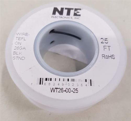 NTE 26AWG Black Teflon Hookup Wire (25 Feet) WT26-00-25 200C/600V Silver Plated Copper/SPC