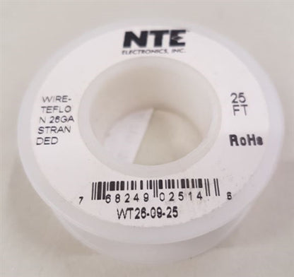 NTE 26AWG White Teflon Hookup Wire (25 Feet) WT26-09-25 200C/600V Silver Plated Copper/SPC