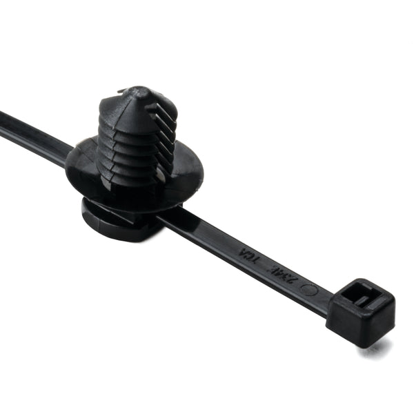 Hellermann Tyton 156-00375 2-Piece Cable Tie with Fir Tree Mount, 6.0"L, 0.30 - 0.31" Mounting Hole, 30lb, PA66HS, Black, 500/pkg