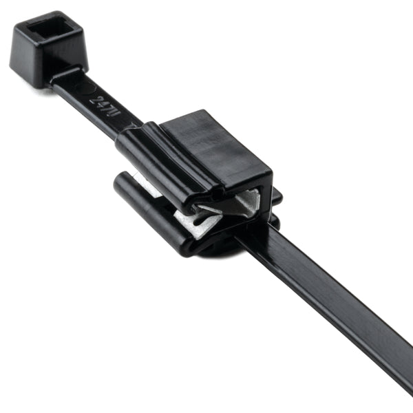 Hellermann Tyton 156-00468 2-Piece Cable Tie with Edge Clip, 8.0" Long, EC5B, 1 - 3 mm Panel, 50lb, PA66UV/PA66HIRHS, Black, 100/pkg