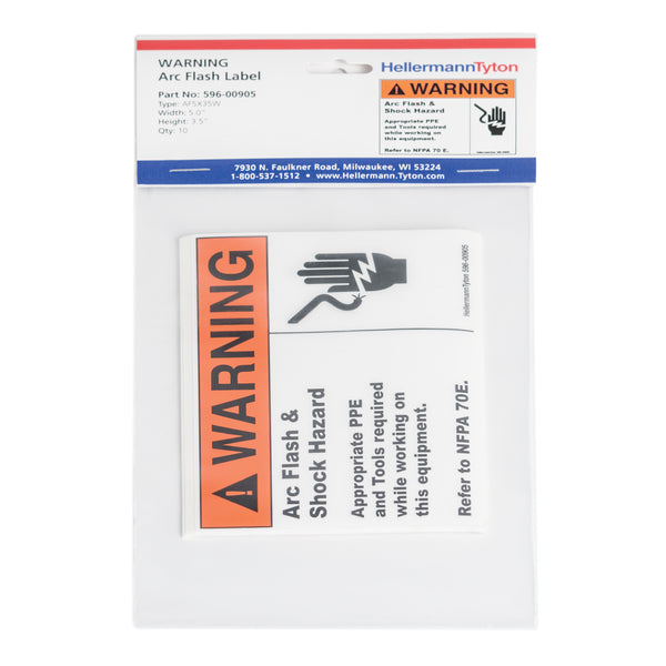 Hellermann Tyton 596-00905 Arc Flash Label, WARNING ARC FLASH AND SHOCK HAZARD, 5.0" x 3.75", PET, Orange/White, 10/pkg