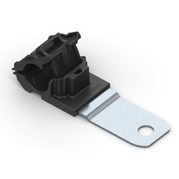 Hellermann Tyton 151-01949 Ratchet P-Clamp, 0.52 - 0.77" Bundle Dia, 180° Medium, 0.41" Hole Dia, PA66HIRHSUV/SS304, Black, 200/ctn