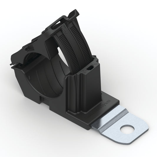 Hellermann Tyton 151-01476 Ratchet P-Clamp, 0.76 - 1.42" Bundle Dia, 180° Short, 0.51" Hole Dia, PA66HIRHSUV/ST/ZN, Black, 160/ctn